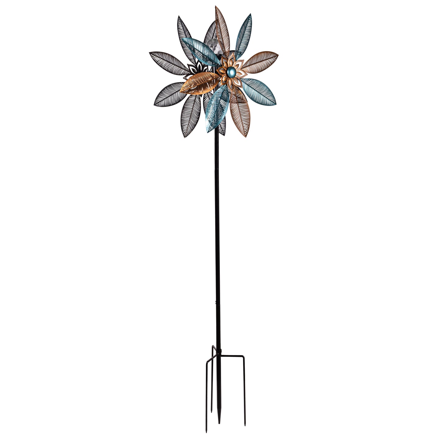 Metal Solar Wind Spinner, Copper and Turquoise Pedal Flower, 75"H