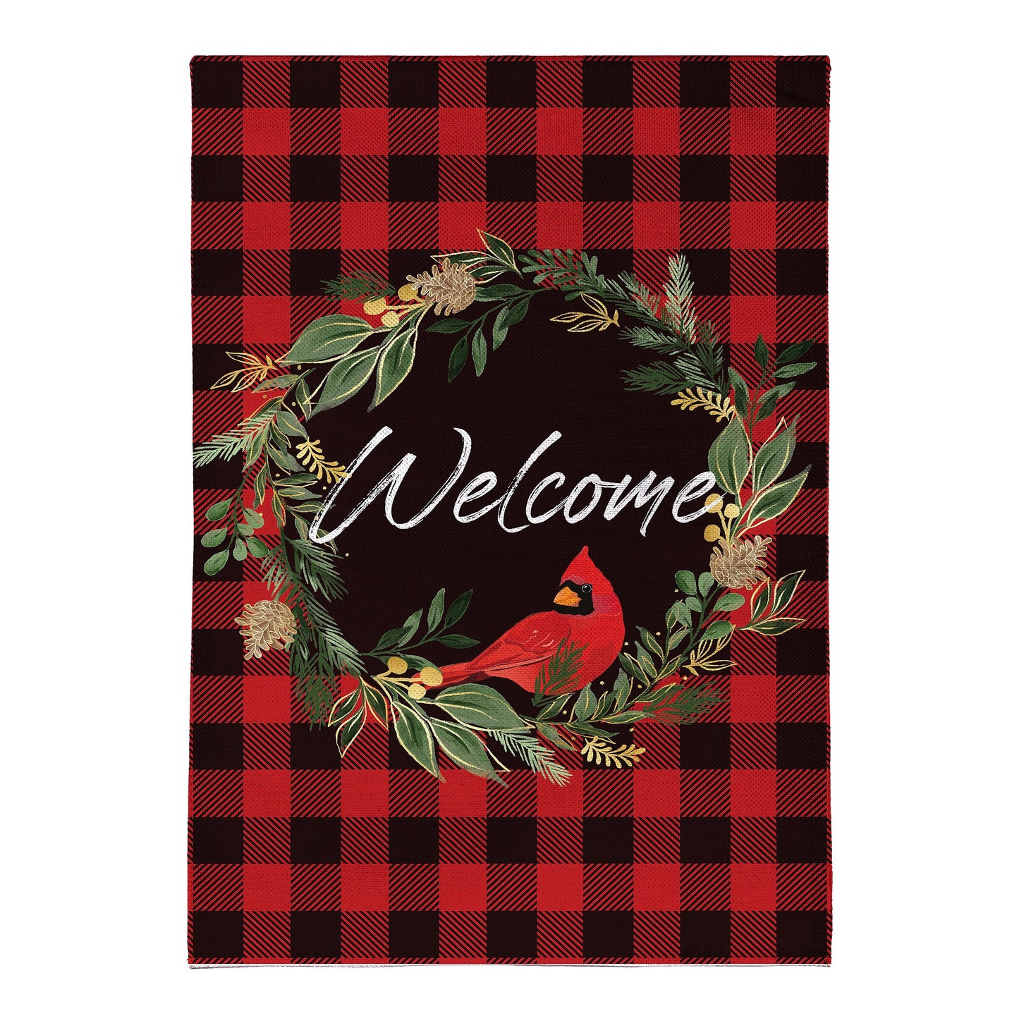 Welcoming Cardinal Wreath Burlap Flag