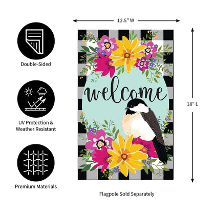 Farmhouse Chickadee with Check Garden Linen Flag