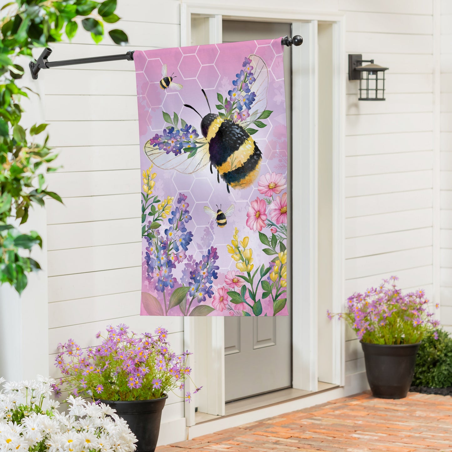 Cottage Garden Pink Florals Bee Burlap House Flag