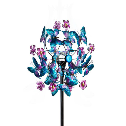 Solar Metal Wind Spinner, Blue Butterfly & Flowers, 74"H