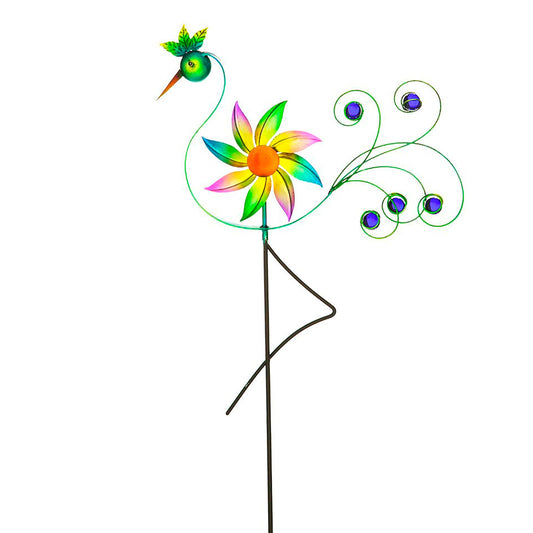 Cheerful Summer Days Windspinner Garden Stake, Green/yellow/pink Bird, Short