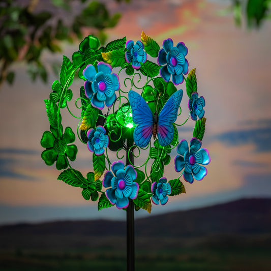 Solar Metal Wind Spinner, Blueflower & Butterfly, 74"H