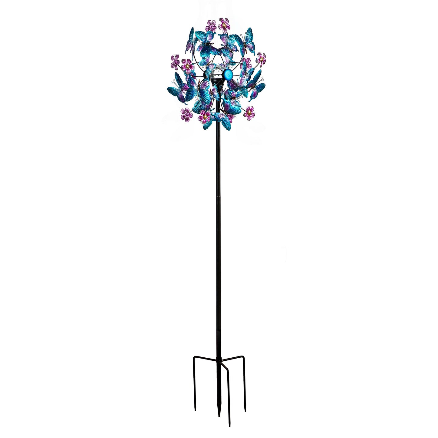 Solar Metal Wind Spinner, Blue Butterfly & Flowers, 74"H