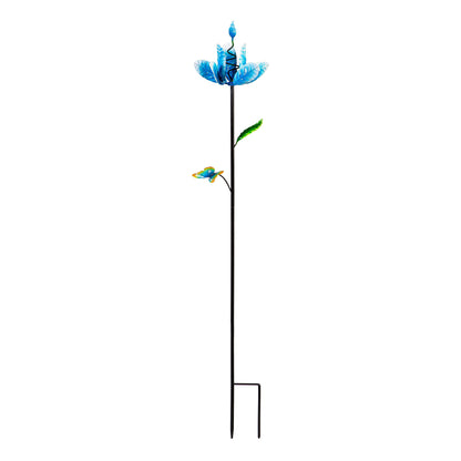 Metal Wind Spinner, Spinning Flower, Blue, 48"H
