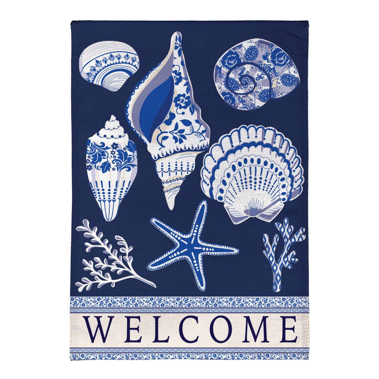Chinoiserie Seashells Burlap House Flag