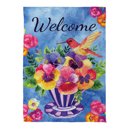 Pansies & Hummingbird Tea Cup Suede Garden Flag