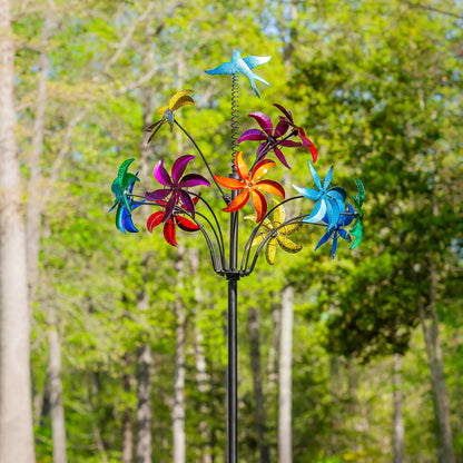 Metal Wind Spinner, Twirling Colorful Flowers, 91"H