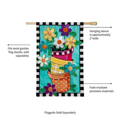 Stacked Spring Flower Pots House Applique Flag