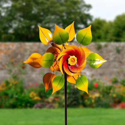 Metal Wind Spinner, Red & Yellow Flower With Leaves, 70"H