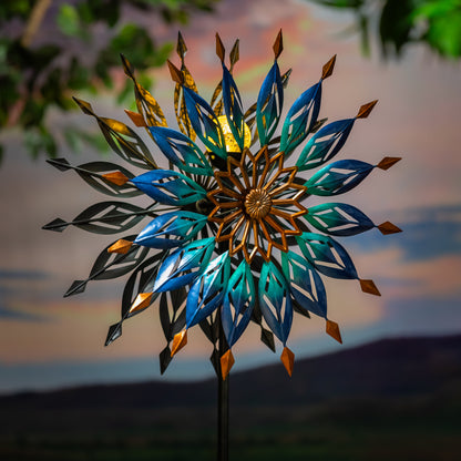 Metal Solar Wind Spinner, Blue Butterfly & Flowers, 74"H