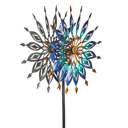 Metal Solar Wind Spinner, Blue Butterfly & Flowers, 74"H