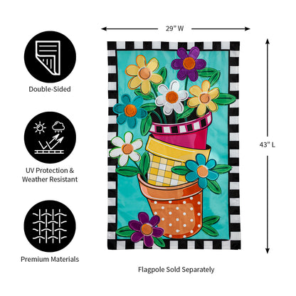 Stacked Spring Flower Pots House Applique Flag