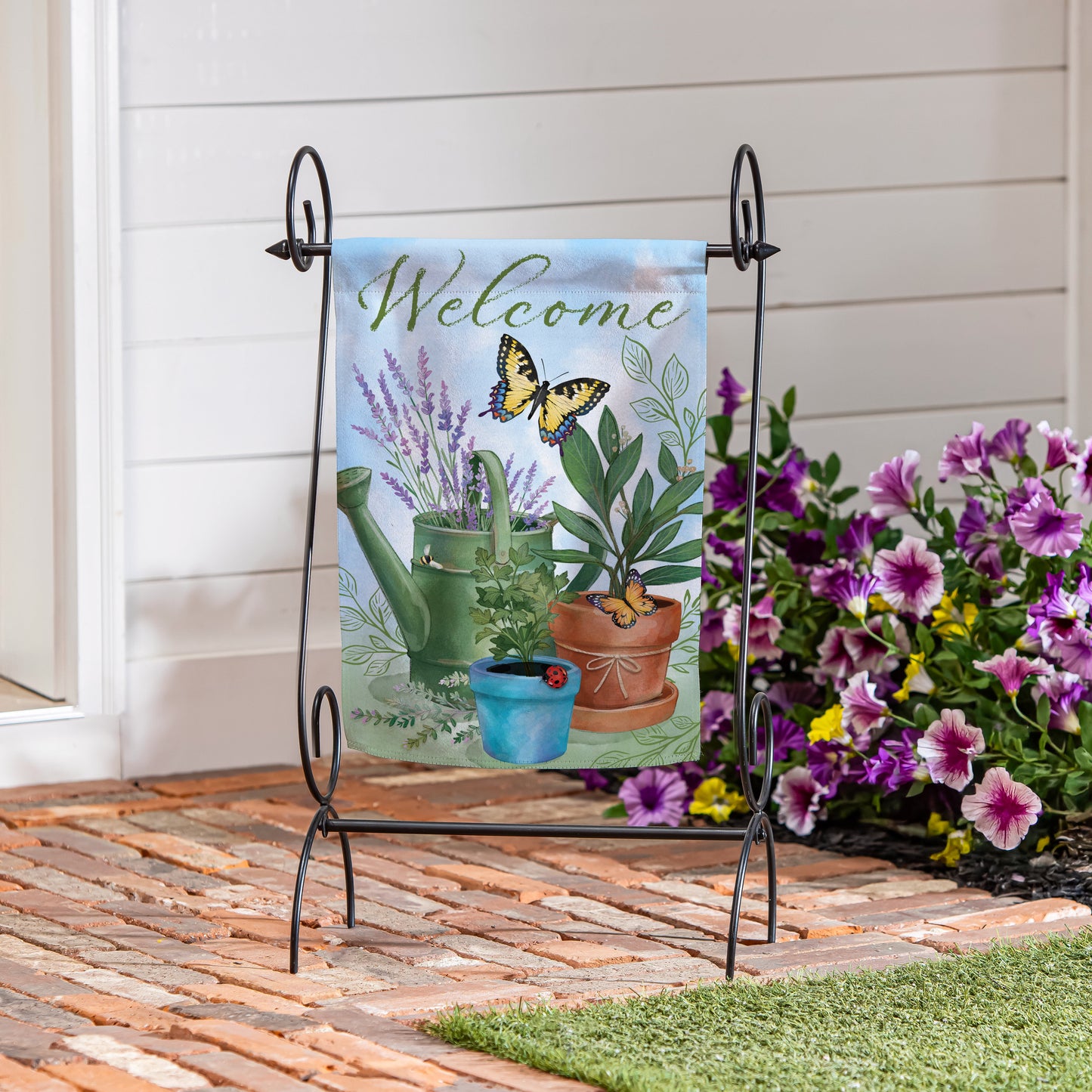 Cottage Garden Watering Can & Plants Suede Garden Flag