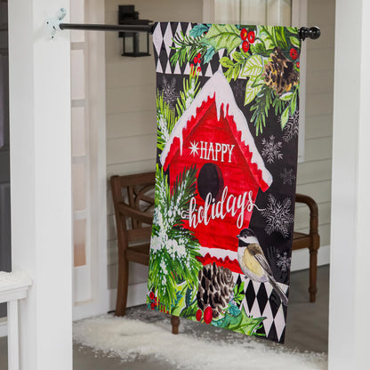 Floral Red Birdhouse Suede House Flag