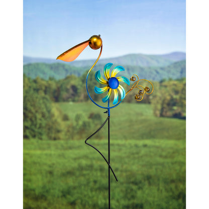 Cheerful Summer Days Windspinner Garden Stake, Yellow/blue Bird, Short