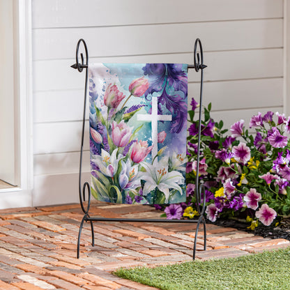 Tulip & Easter Lily Cross Suede Garden Flag