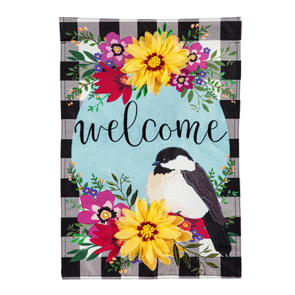 Farmhouse Chickadee with Check Garden Linen Flag