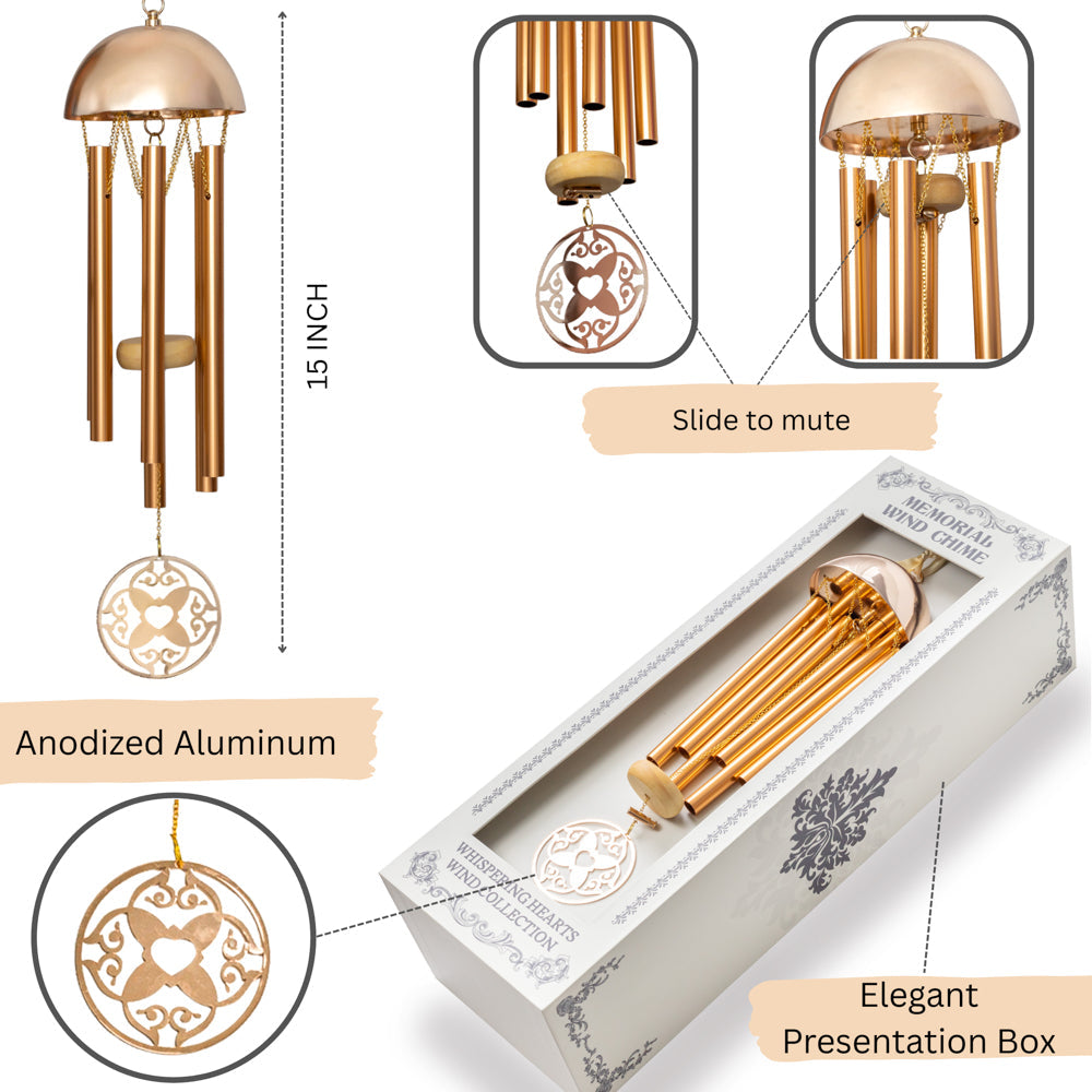 15” Wind Chime with Gift Box – Whispering Hearts™ Collection – Warm Gold Aluminum with Personalizable Heart Charm