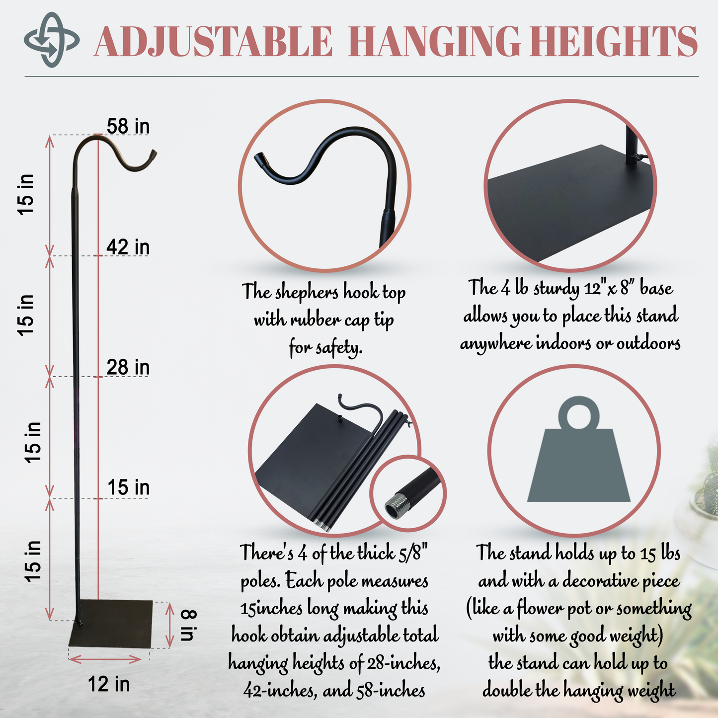 60" Adjustable Heavy Duty Shepherd's Hook Floor Stand For Patio/Garden