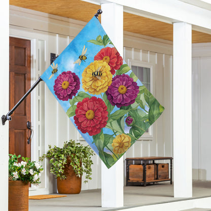 Multicolor Zinnias & Bees Suede House Flag