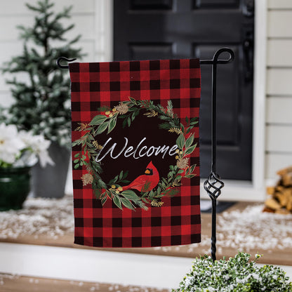 Welcoming Cardinal Wreath Burlap Flag