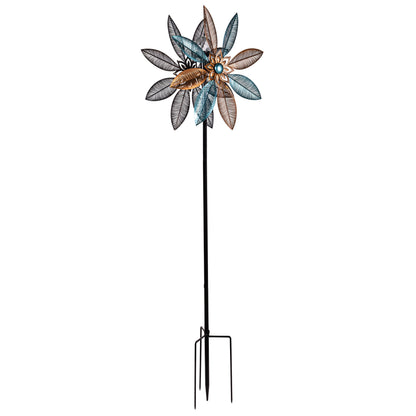 Metal Solar Wind Spinner, Copper and Turquoise Pedal Flower, 75"H