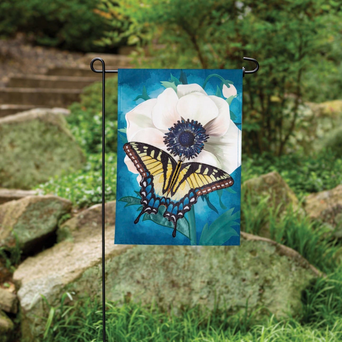Anemone & Butterfly Applique Garden Flag