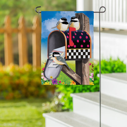 Delivery Chickadees Suede Garden Flag