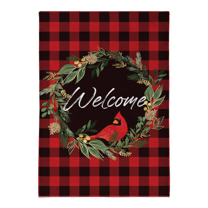 Welcoming Cardinal Wreath Burlap Flag