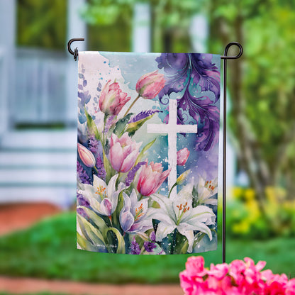 Tulip & Easter Lily Cross Suede Garden Flag