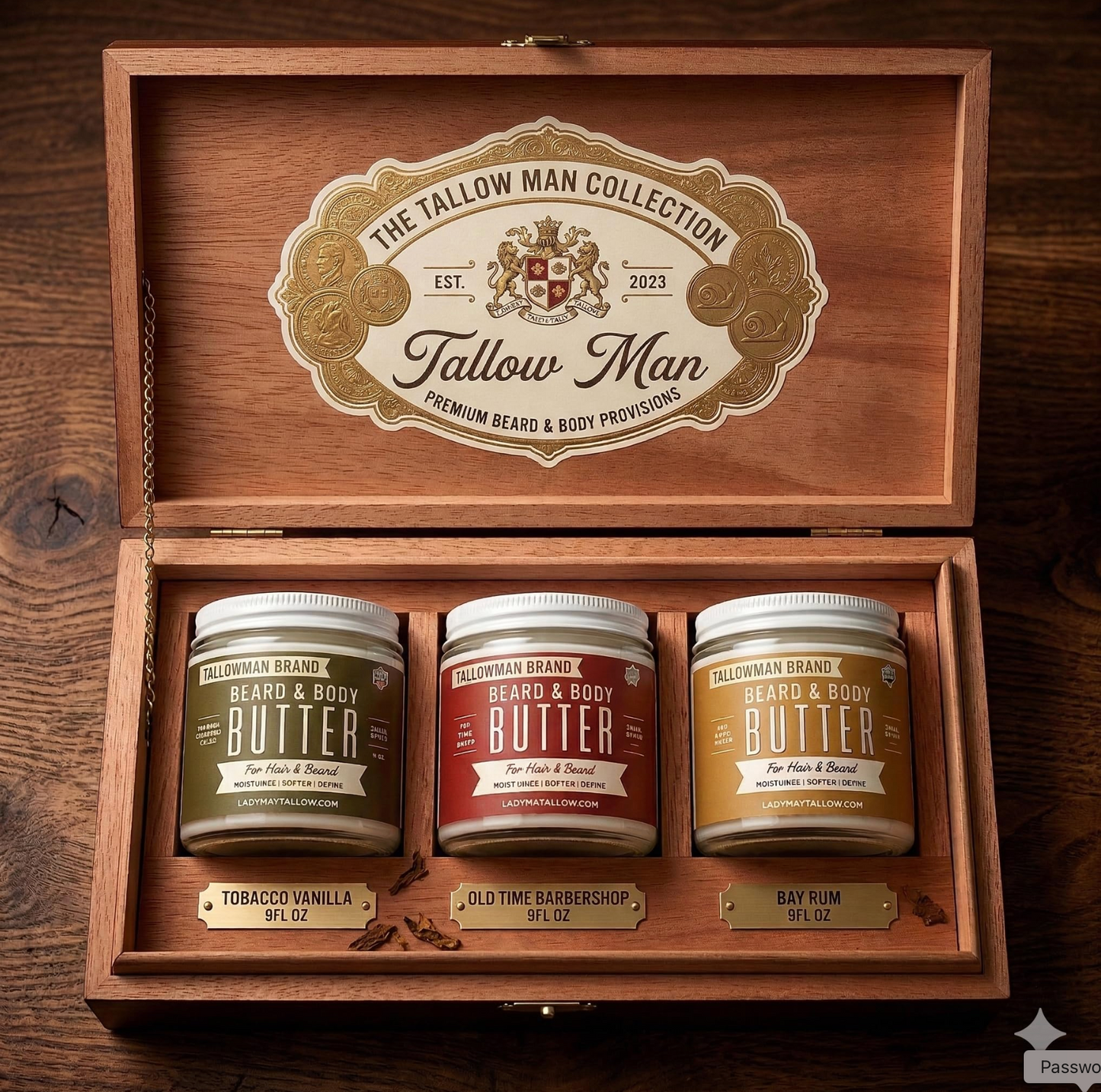 Tallow Man Beard Butter 9oz Trio – Men's Grooming Gift Set | Bay Rum, Tobacco Vanilla, Barbershop