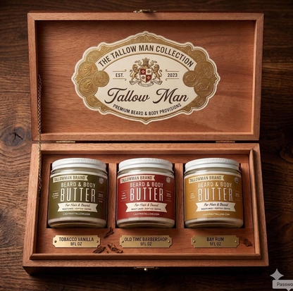 Tallow Man Beard Butter 9oz Trio – Men's Grooming Gift Set | Bay Rum, Tobacco Vanilla, Barbershop