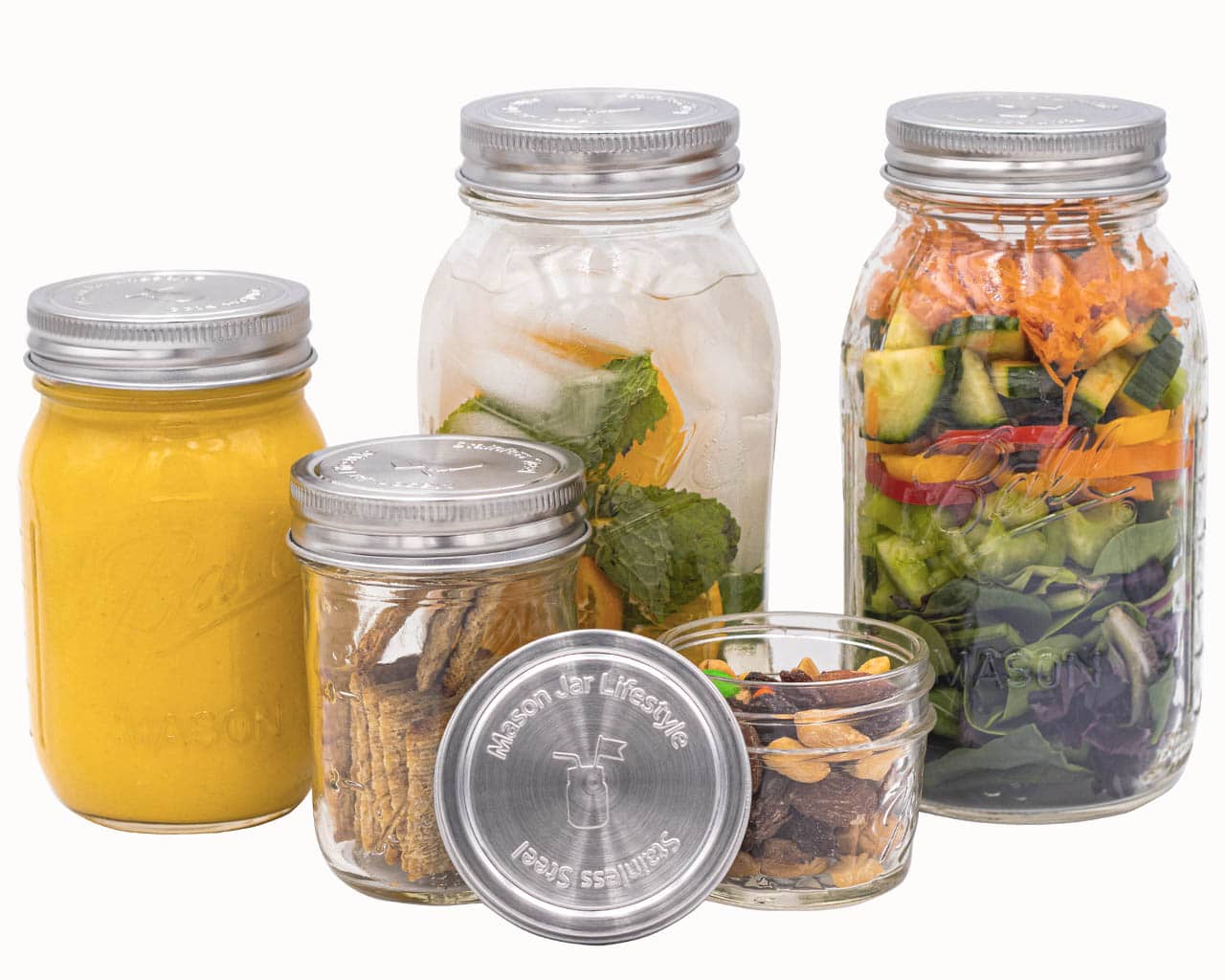 Stainless Steel Storage Lids with Leak-Proof Silicone Liners for Mason Jars 5 Pack