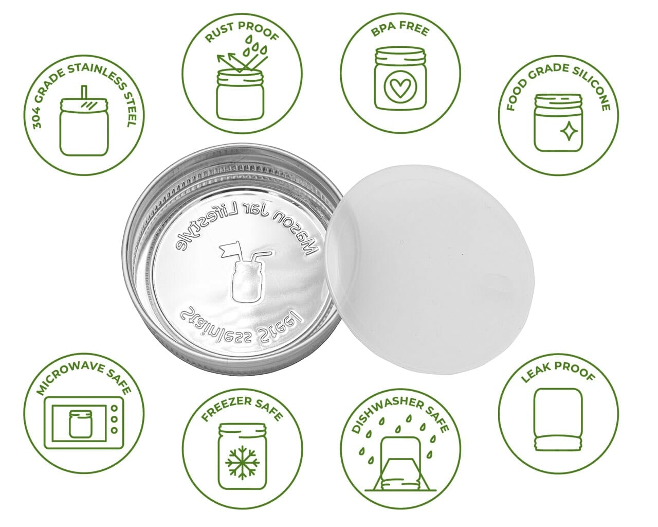 Stainless Steel Storage Lids with Leak-Proof Silicone Liners for Mason Jars 5 Pack