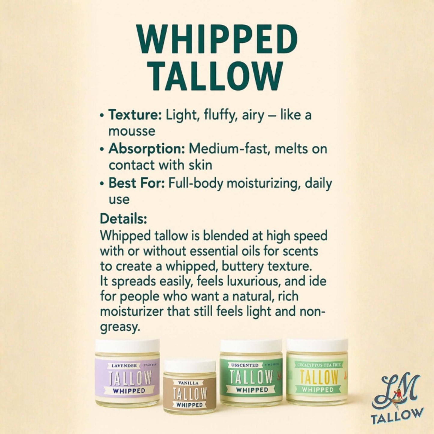 Unscented Whipped Tallow – All-Natural Moisturizer | Pure Beef Tallow Cream for Face & Body, Handmade, Preservative-Free Skincare